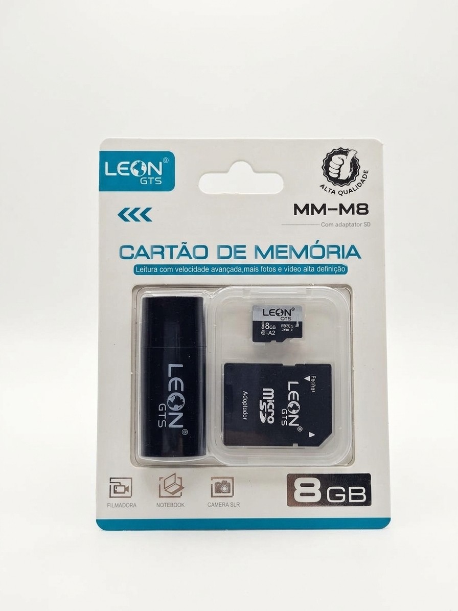 Cartão de Memória Micro SD 8GB Leon GTS MM-M8 com Adaptador SD + Leitor USB – Kit 3 em 1