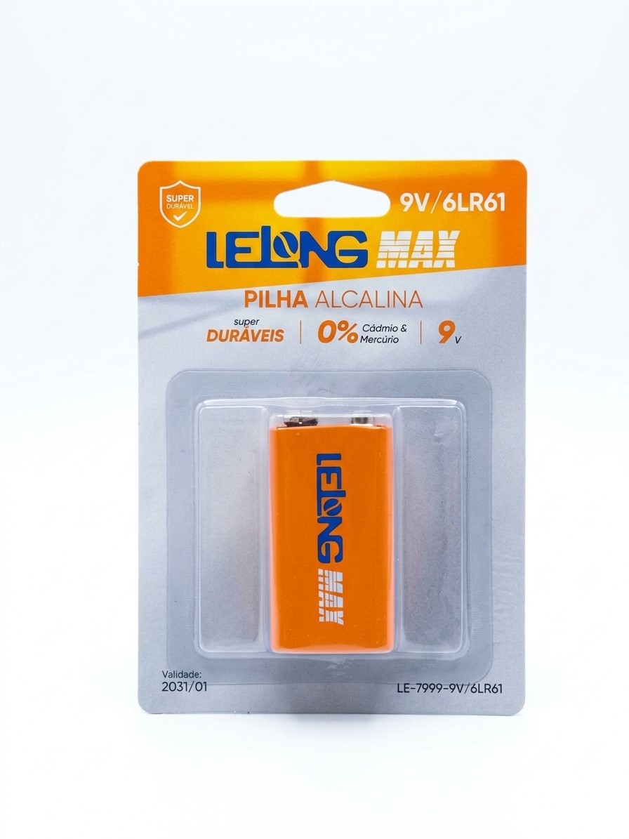 Bateria 9V Alcalina Lelong Max 6LR61 – Super Durável – 1 Unidade (LE-7999)